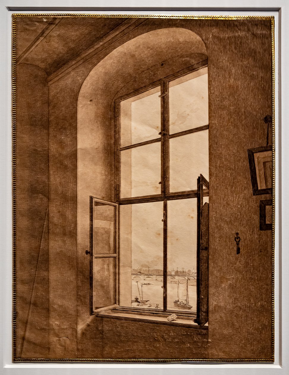 Uitzicht vanuit het atelier van de kunstenaar, raam aan de linkerkant door Caspar David Friedrich