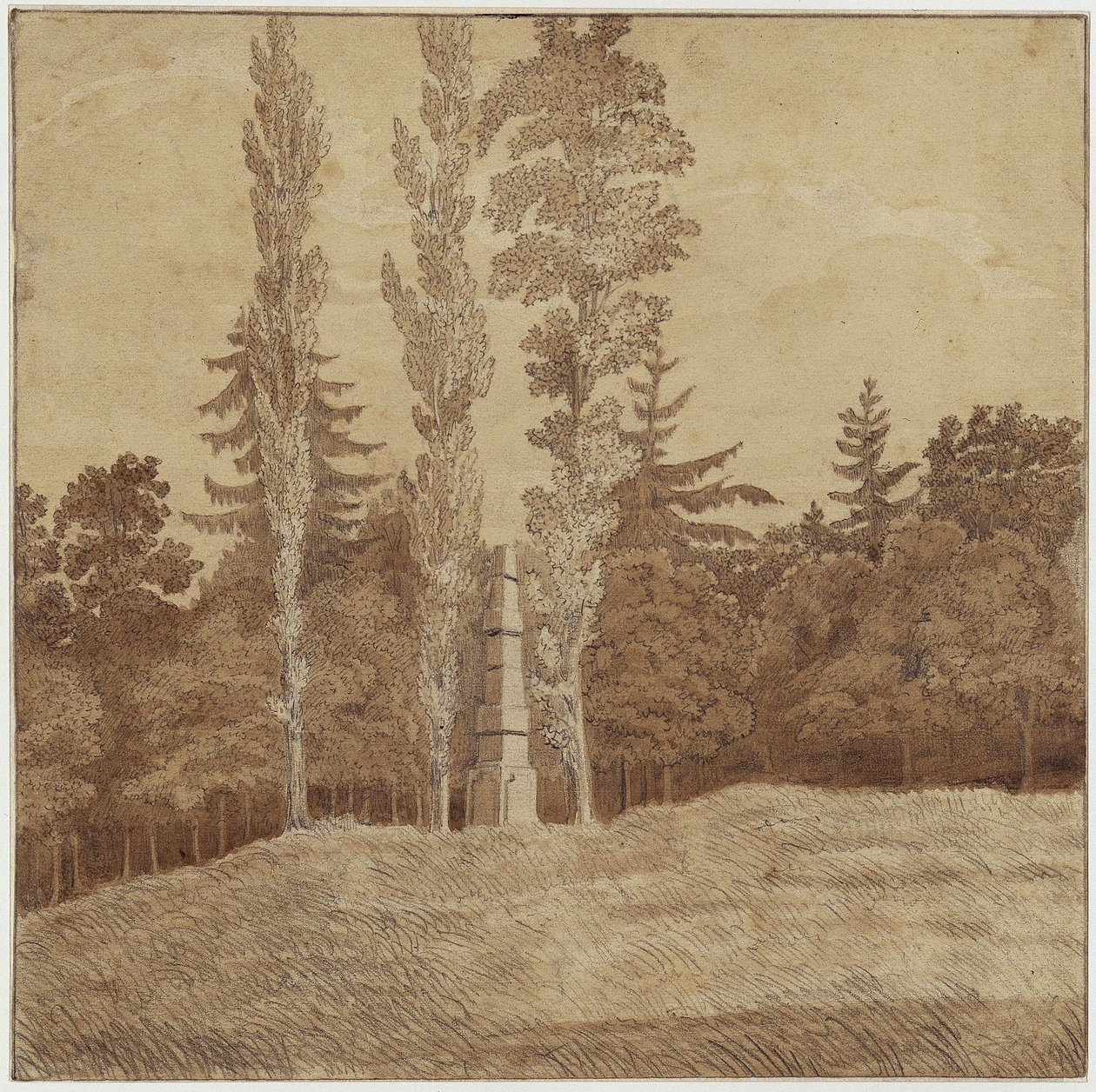 Bosopen plek met obelisk in het dal van Seifersdorf door Caspar David Friedrich