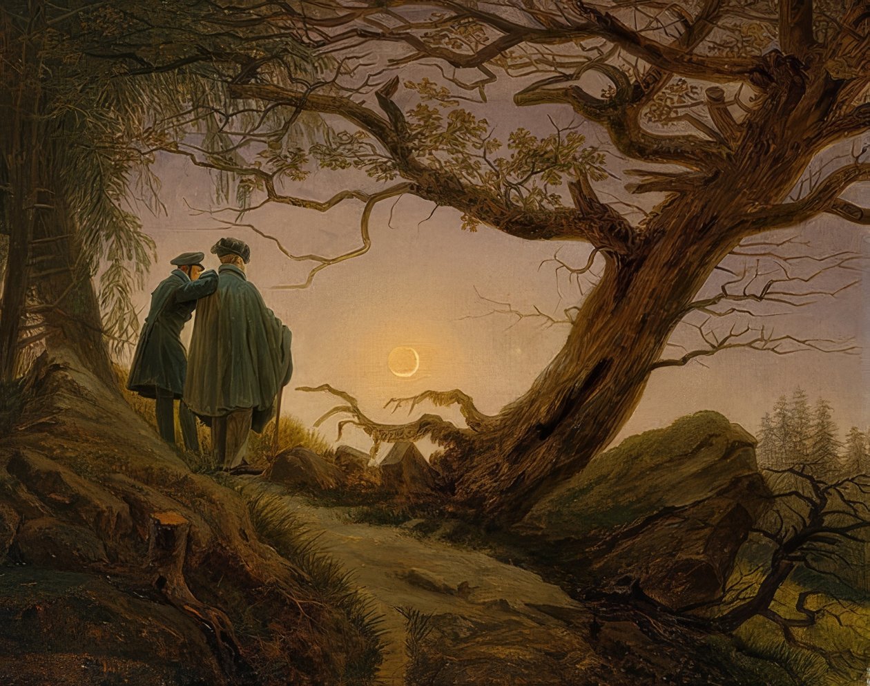 Twee mannen die de maan bekijken door Caspar David Friedrich