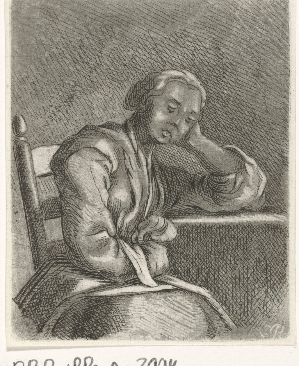 Slapend meisje aan tafel door Caspar Jacobsz. Philips