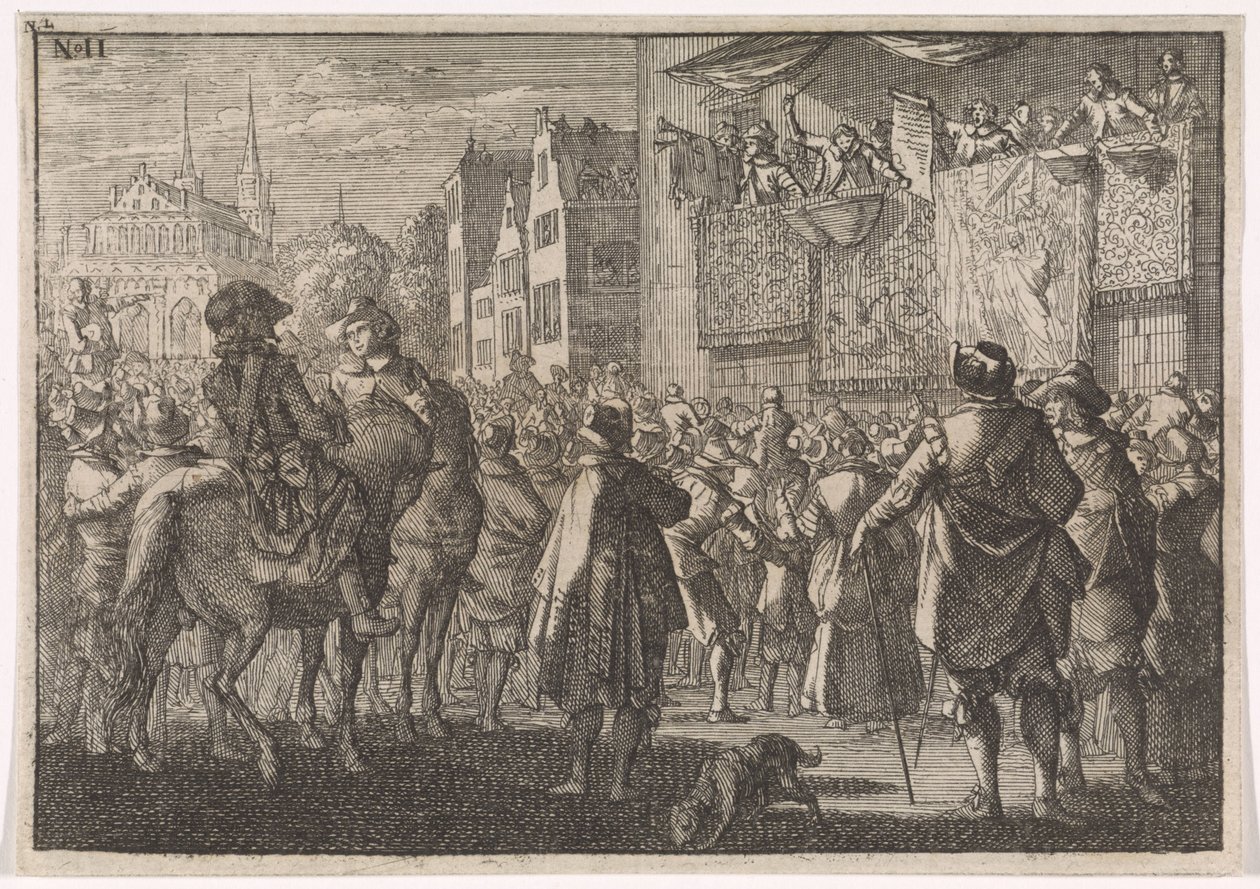 Afkondiging van de Vrede van Osnabrück in een stad, 1648 door Caspar Luyken (attributed to)