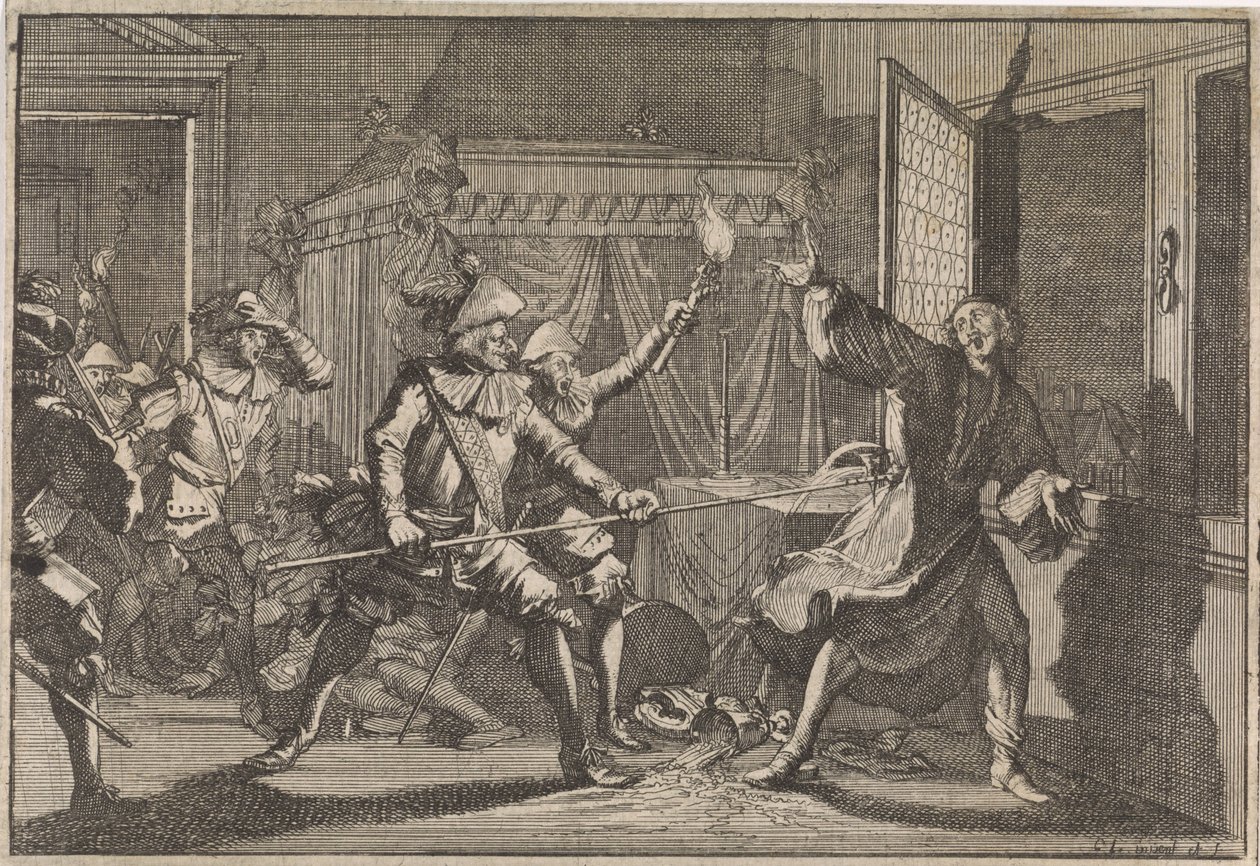 Albrecht von Wallenstein, hertog van Friedland, wordt vermoord door zijn eigen soldaten, 1634 door Caspar Luyken (attributed to)