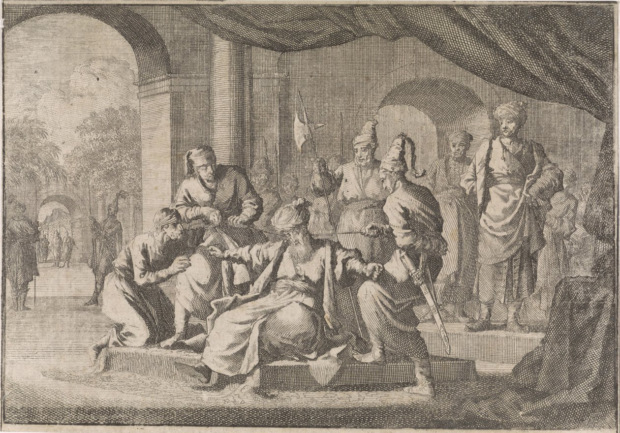 Mustafa, de neef van sultan Murat IV, wordt op zijn bevel gewurgd, 1639 door Caspar Luyken (attributed to)