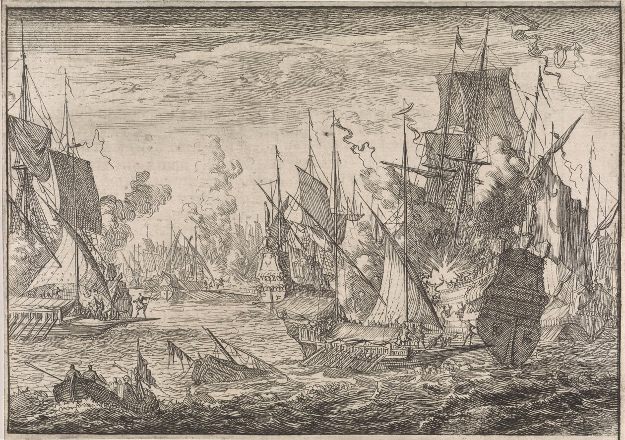 Zeeslag tussen Turkse oorlogsschepen en galleien van de Ridders van Malta, 1644 door Caspar Luyken (attributed to)