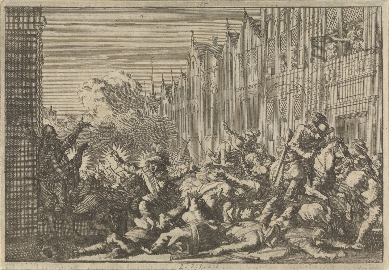 Angers bezet door aanhangers van Mazarin die in een hinderlaag van tien kanonnen van gouverneur De Rohan lopen, 1652 door Caspar Luyken