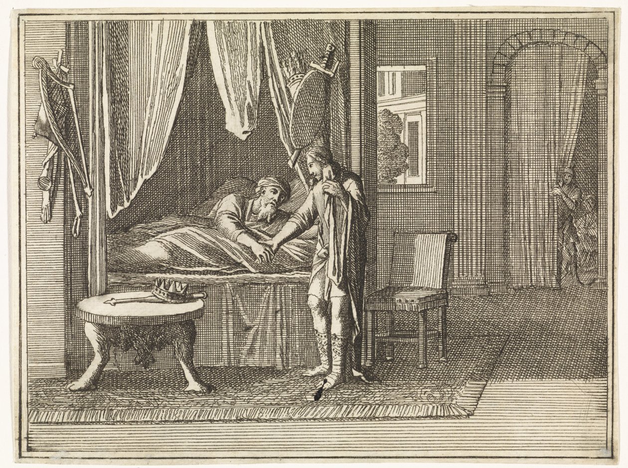 David, op zijn sterfbed, geeft zijn laatste vermaningen aan Salomo door Caspar Luyken