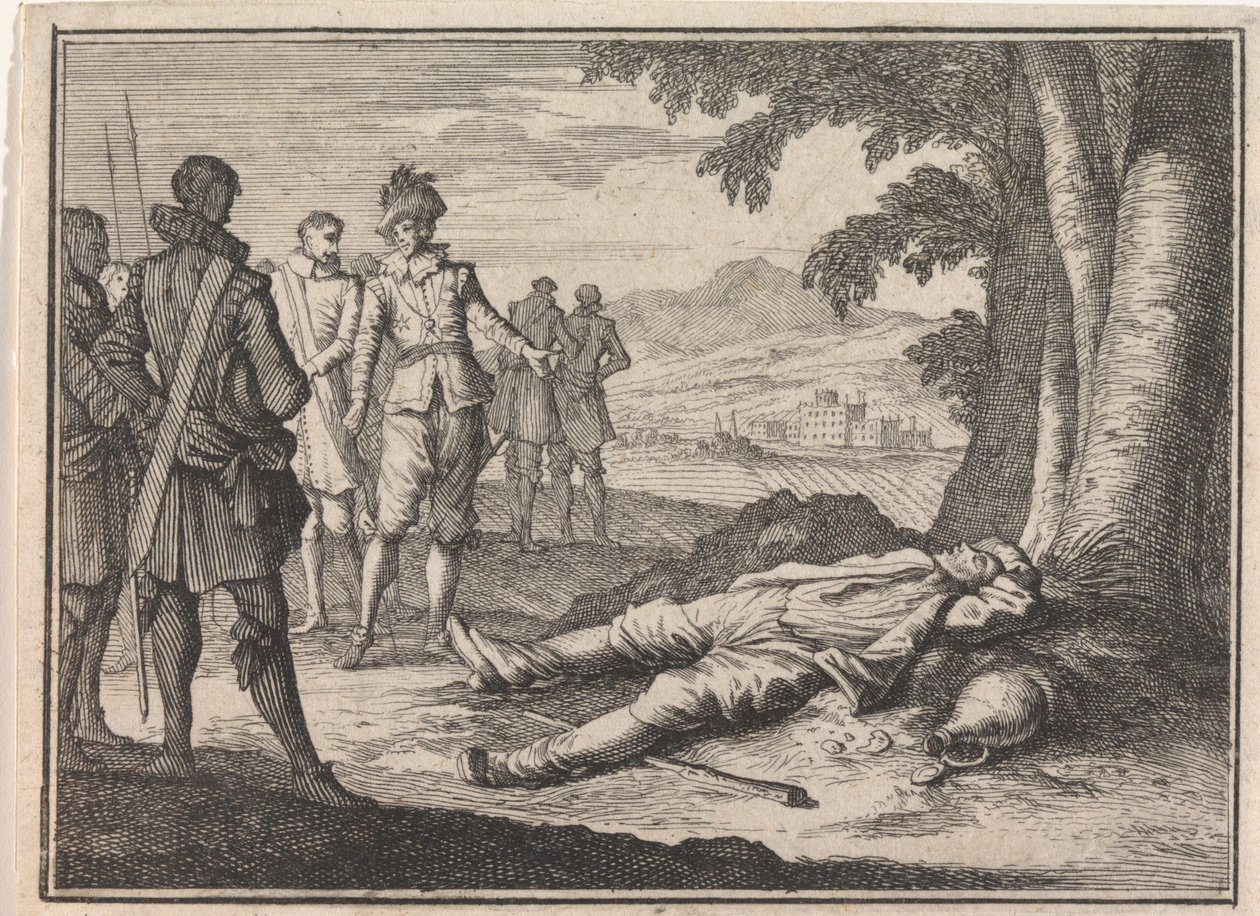 Filips de Goede vindt een beschonken boer onder een boom door Caspar Luyken