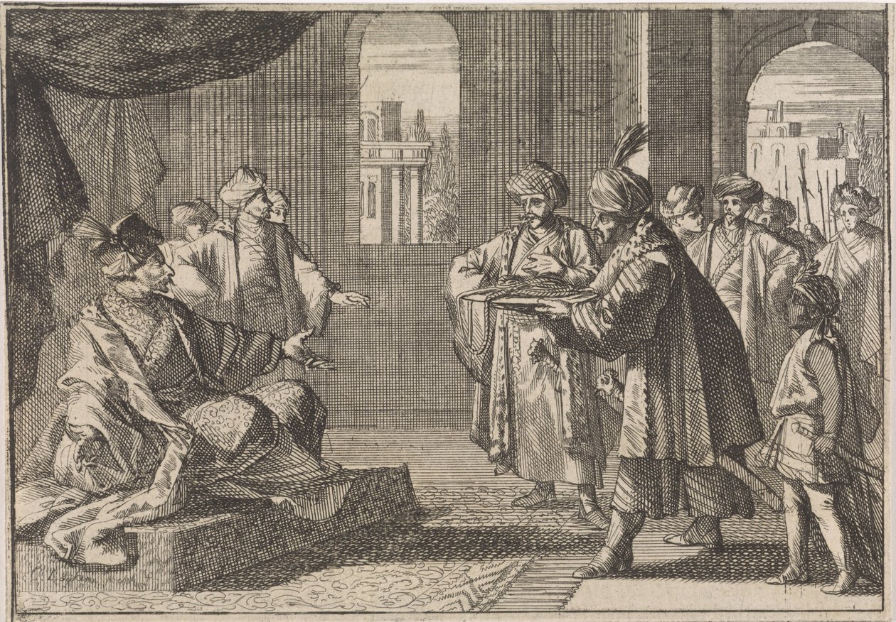 Guei-tschun, eerste minister onder keizer Chongzhen, wordt een zijden touw gebracht om zich op te hangen, 1643 door Caspar Luyken