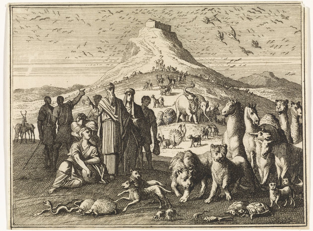 Noach, zijn familie en de dieren verlaten de ark door Caspar Luyken