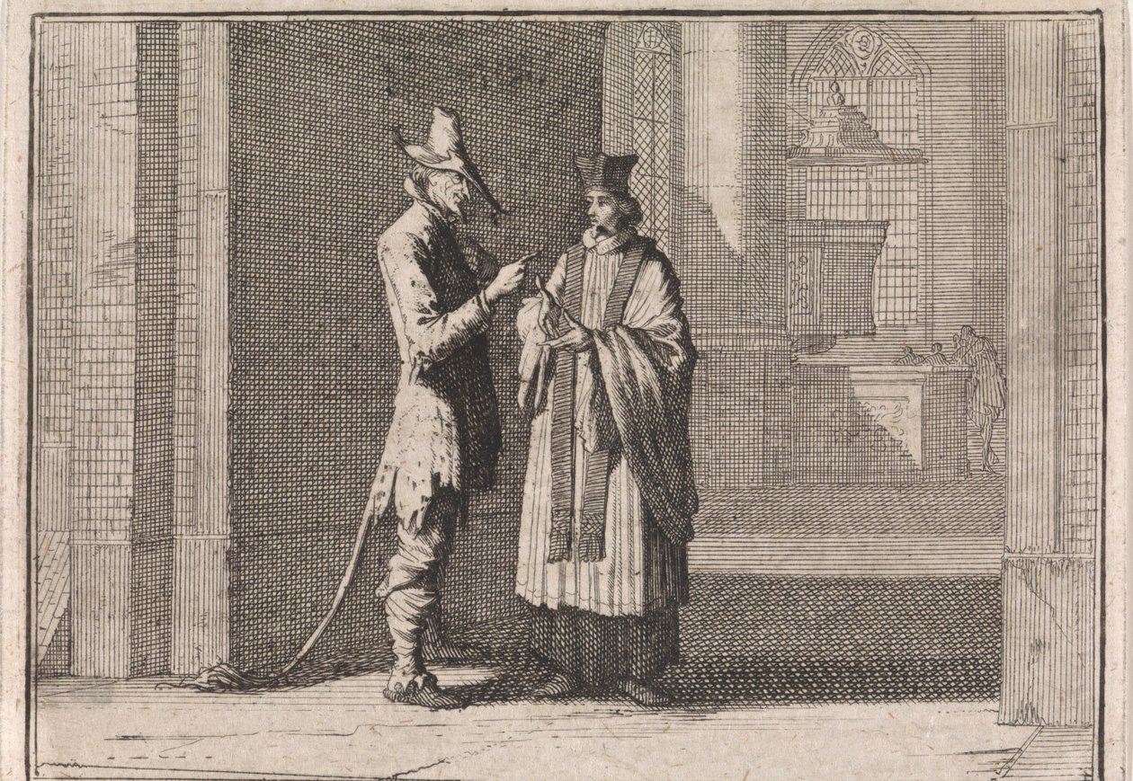 Pastoor in gesprek met de duivel voor de ingang van een kerk door Caspar Luyken