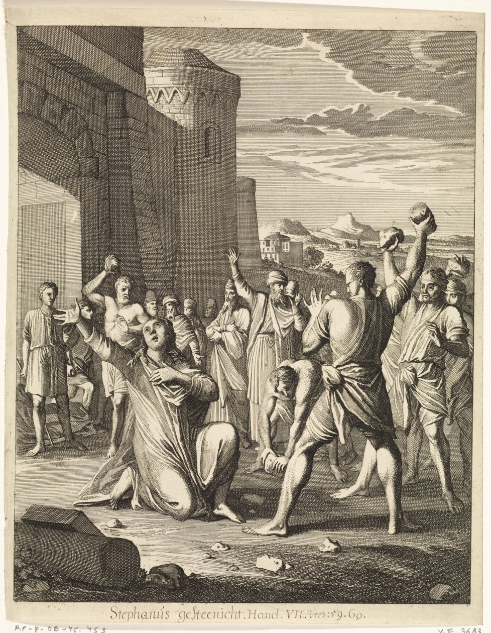 De steniging van Stefanus buiten de poorten van Jeruzalem door Caspar Luyken