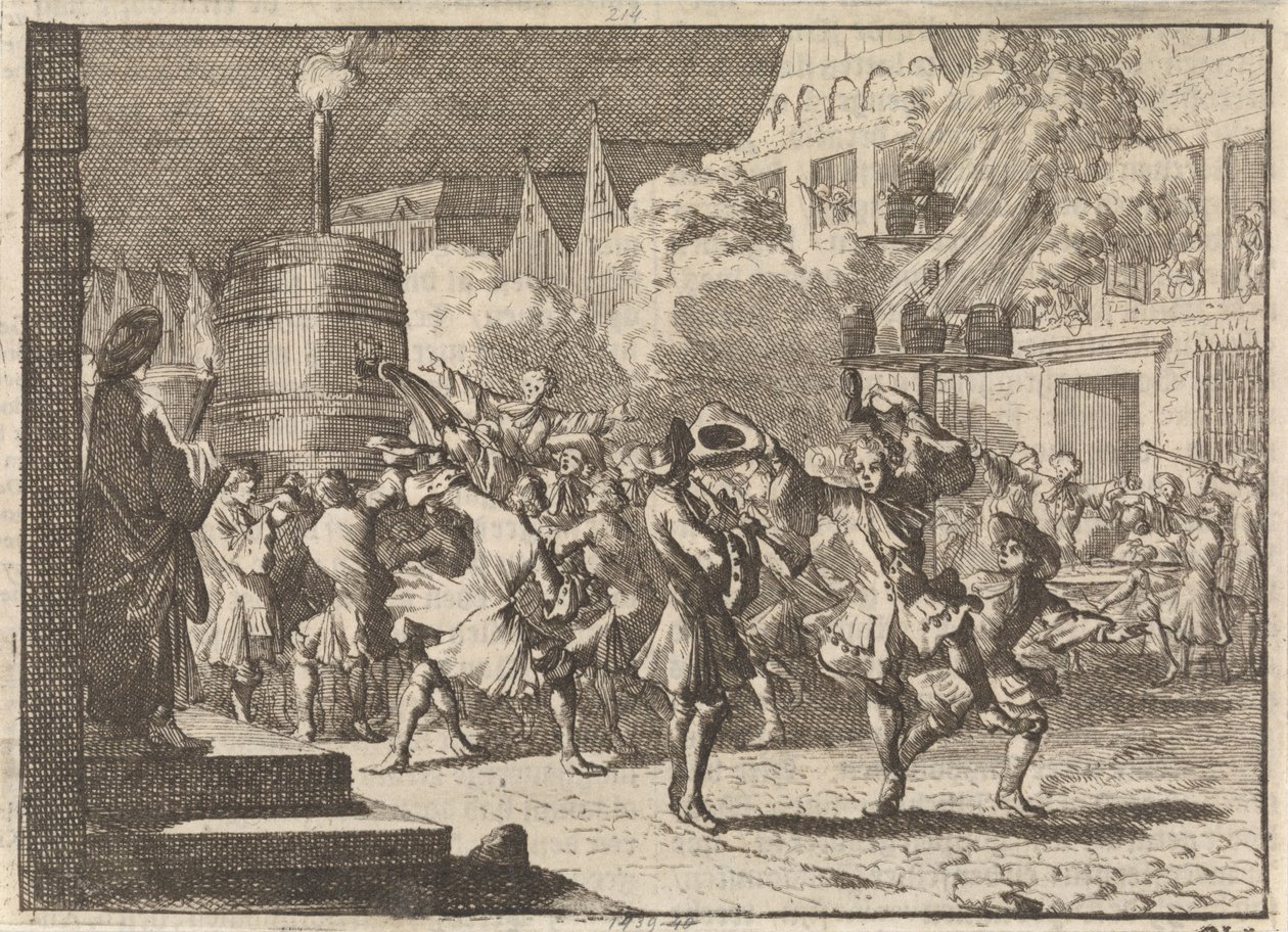 Vreugde in Parijs naar aanleiding van het valse bericht van de dood van Willem III bij de slag aan de Boyne, 1690 door Caspar Luyken