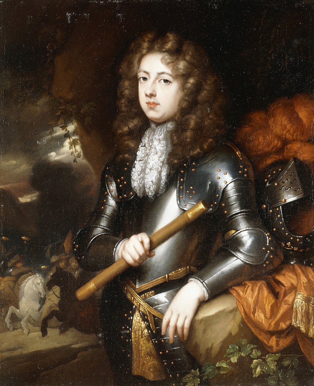 Portret van een commandant, driekwart lengte, in harnas, met een staf, zijn gevederde helm op een nabijgelegen rots, een cavalerieaanval op de achtergrond door Caspar Netscher