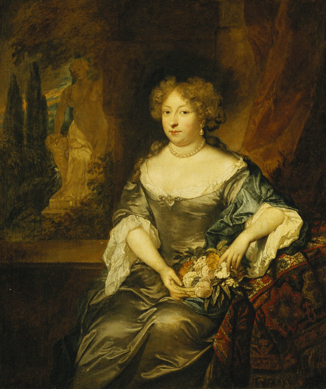 Portret van een dame, zittend, kleine driekwart lengte, in een grijze satijnen jurk, met een mand bloemen voor een raam, een standbeeld in een park daarachter door Caspar Netscher