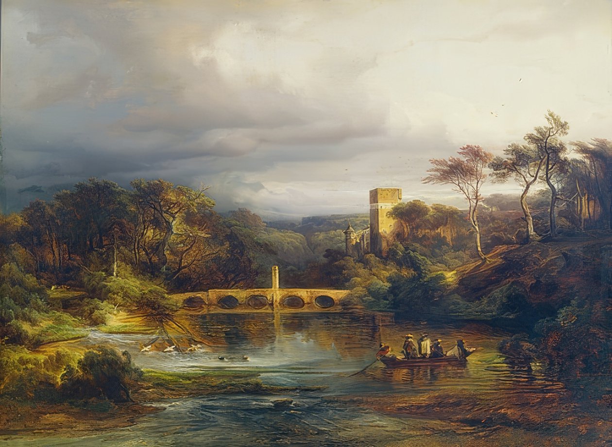 Kasteel aan het bosmeer met roeiers en boogbrug. 1846 door Caspar Scheuren
