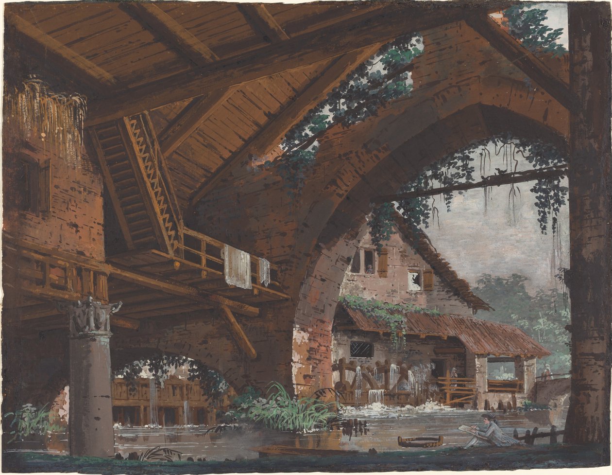 Architectonische fantasie van antieke ruïnes met een watermolen door Caspar Wolf