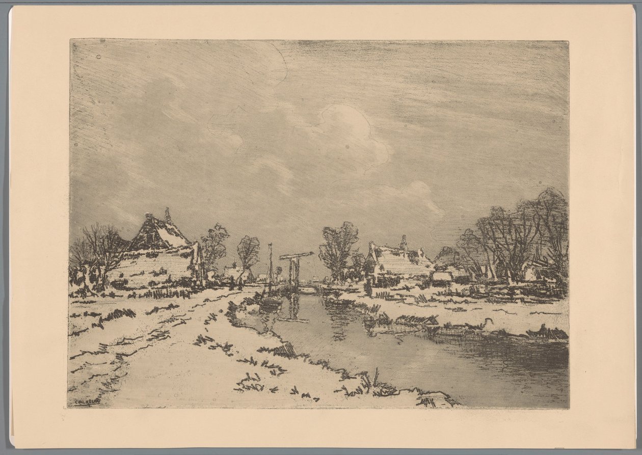 Besneeuwd landschap met vaart en ophaalbrug door Casper M.L. Kouw