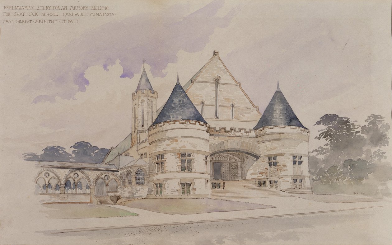 Voorstudie voor een wapenarsenaal voor Shattuck School, Faribault, Minnesota door Cass Gilbert