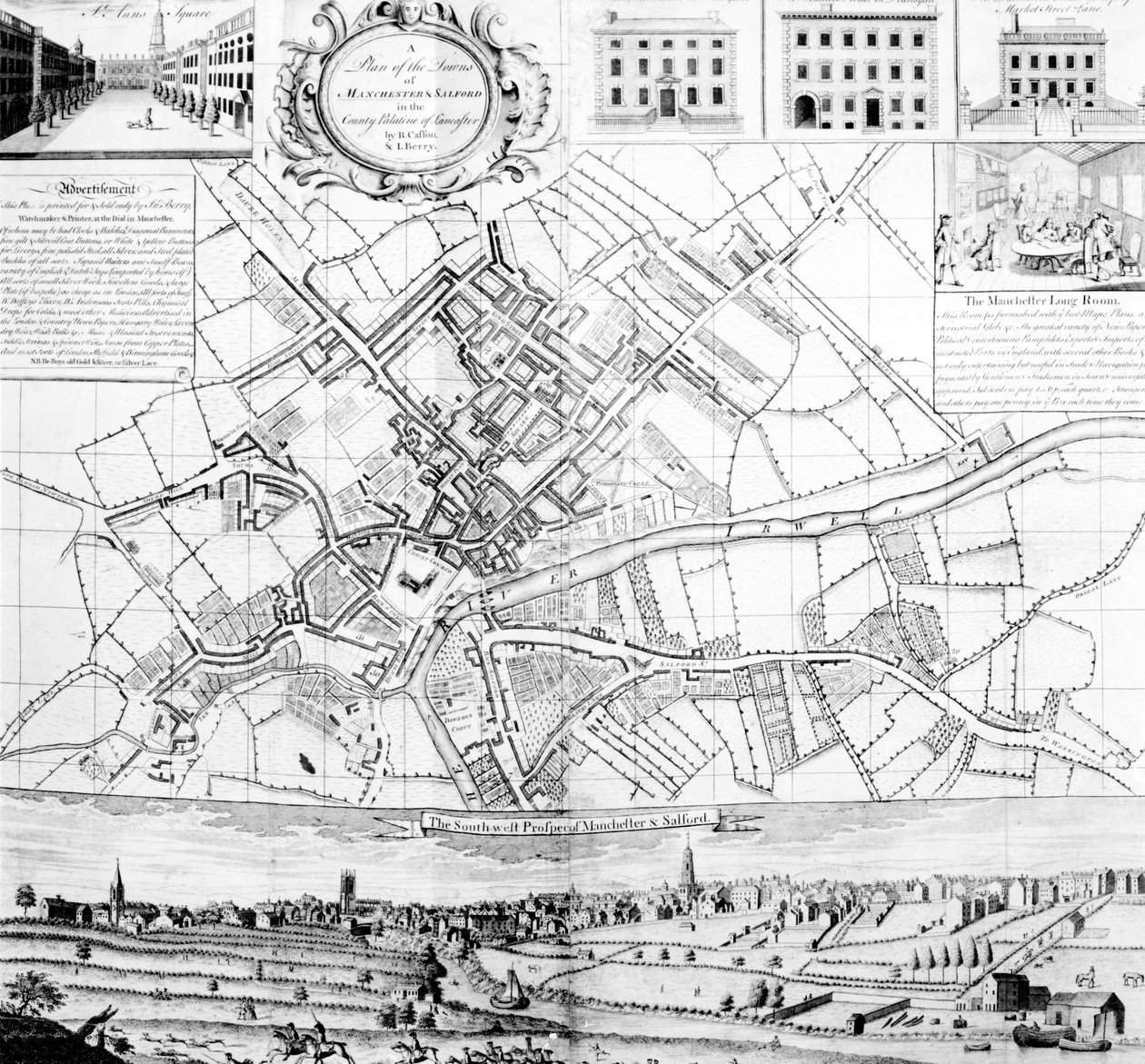 Kaart van Manchester, 1751 door Casson and Berry