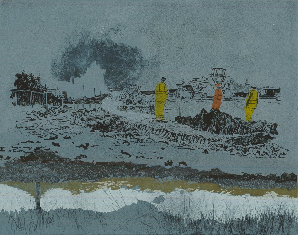Kalk op het land, 2014 (linoleumsnede en ets) door Catherine Sutcliffe Fuller
