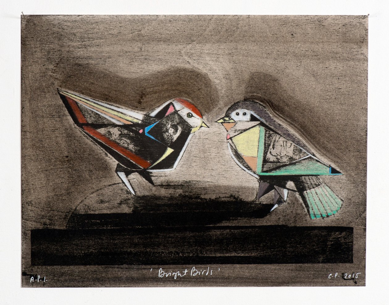 Heldere vogels, 2014 (mokulito-litho met handkleuring) door Cathie Pilkington