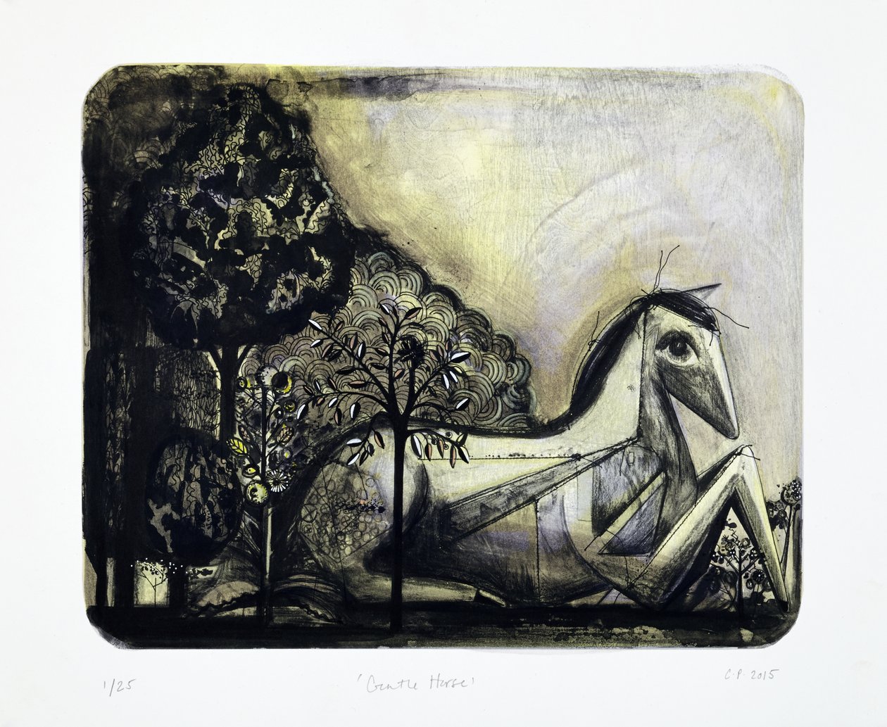 Gentle Horse, 2015 (mokulito litho met handkleuring) door Cathie Pilkington