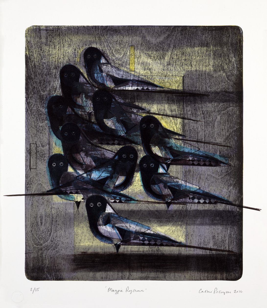 Ritme van de ekster, 2016 (mokulitolitho met inkleuring met de hand) door Cathie Pilkington