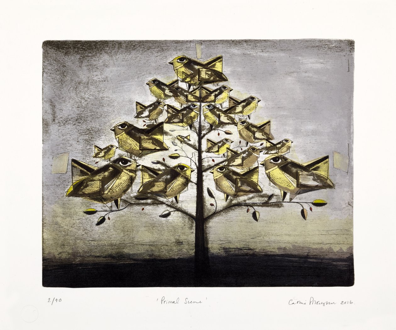 Oerscène, 2016 (mokulito-litho met handkleuring) door Cathie Pilkington
