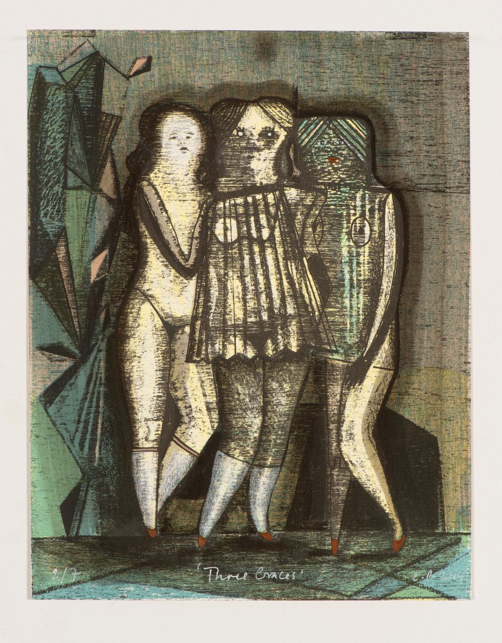 Drie Gratiën, 2014 (mokulito-litho met handkleuring) door Cathie Pilkington