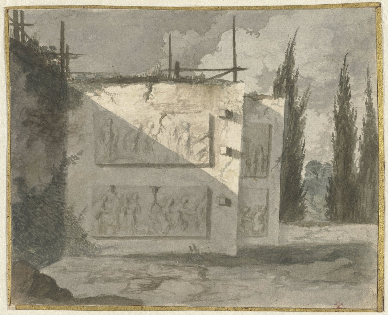 Landschap met muur en bas-reliëfs door Cavalier Cosse
