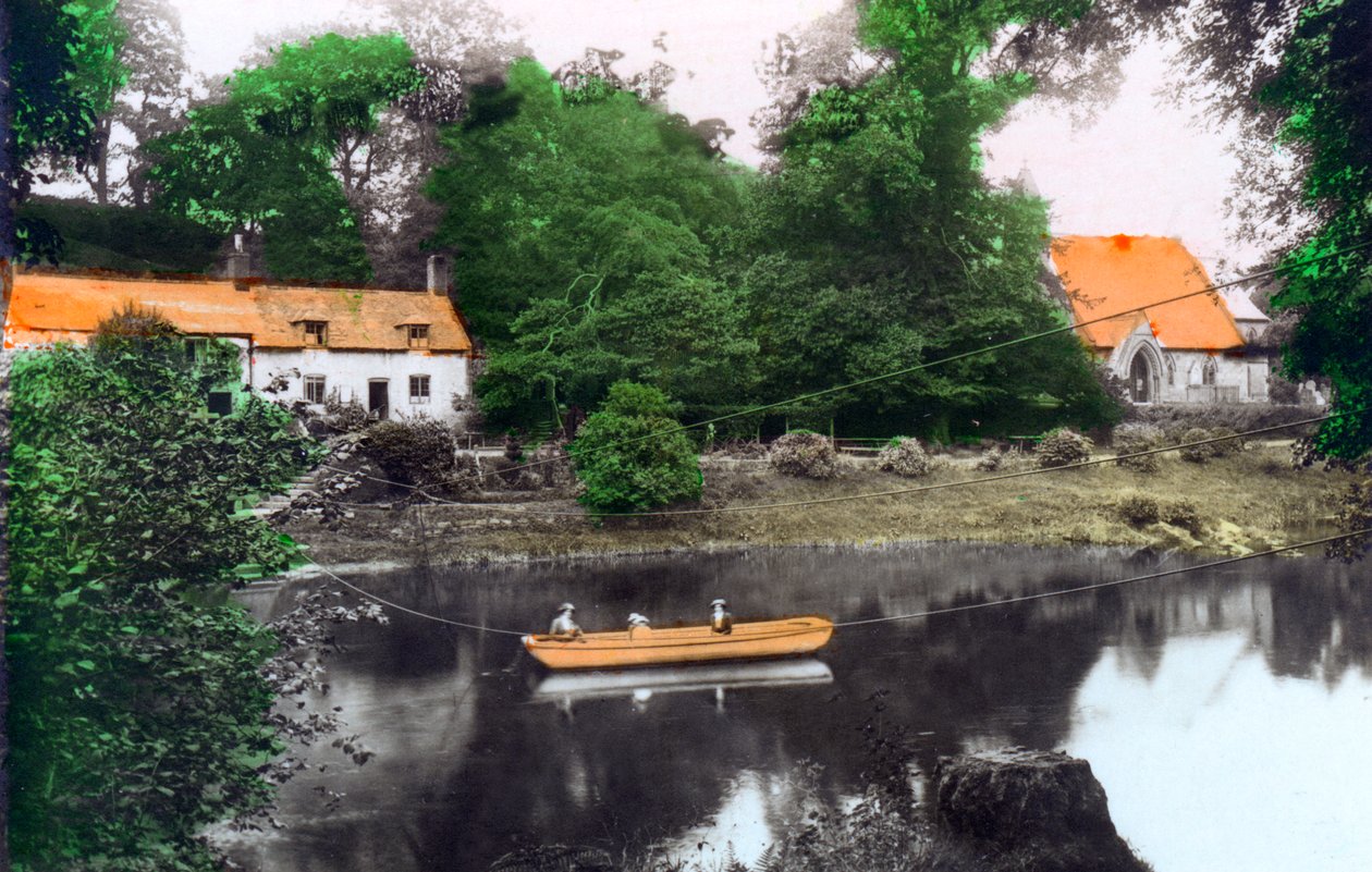 Erbistock veerboot en kerk, Wrexham, 1926 door Cavenders Ltd