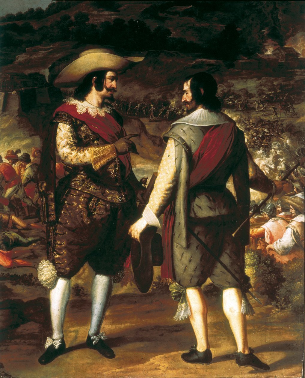 De verovering van San Juan in Puerto Rico (Puerto Rico) (1625). Detail. Op de voorgrond praat Don Juan de Haro met zijn assistent. Achter hem het fort bewaakt door de Spanjaarden die de Nederlanders dwingen te vertrekken. Schilderij door Eugenio Caxes of C door Caxesi or Caxete Eugenio Caxes