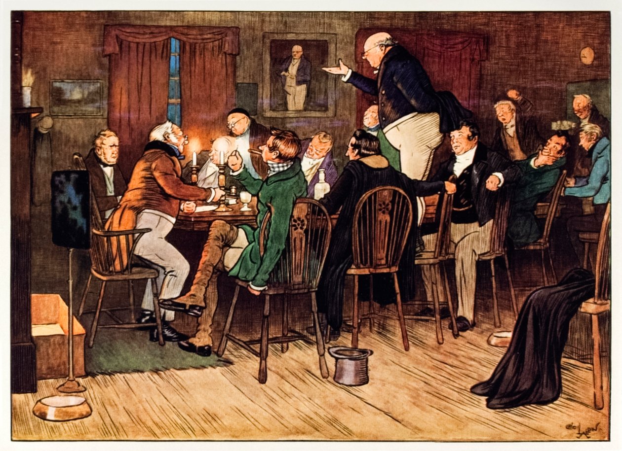 Frontispice met The Pickwick Club uit The Posthumous Papers of the Pickwick Club door Charles Dickens door Cecil Charles Windsor Aldin