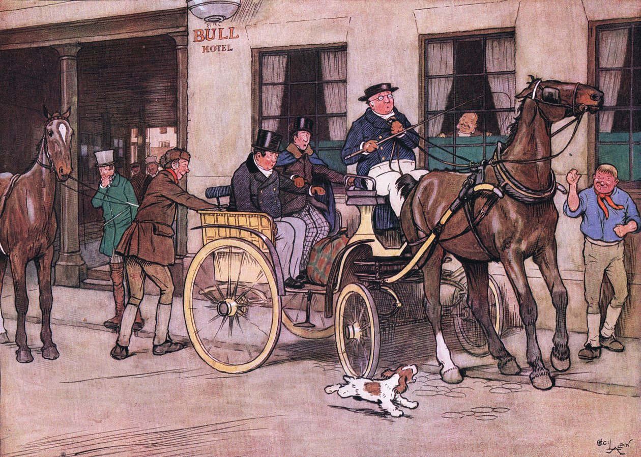 Wo-o! riep meneer Pickwick. Wo-o! weerklonk meneer Tupman, en meneer Snodgrass vanuit de bak door Cecil Charles Windsor Aldin