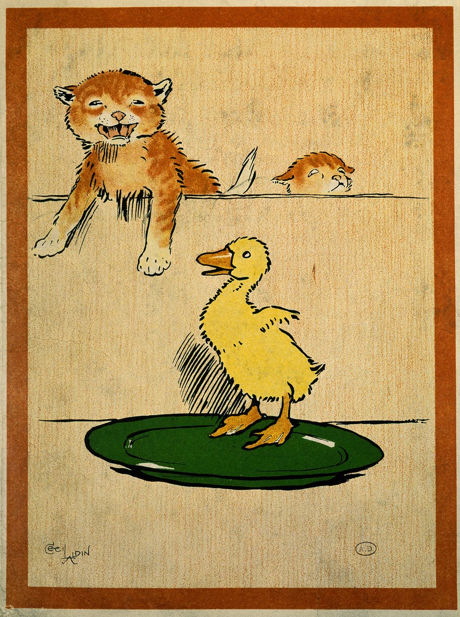 Katten en eend. Tekening door Cecil Aldin (1870-1935). Parijs, Decoratieve Kunsten door Cecil Charles Windsor Aldin