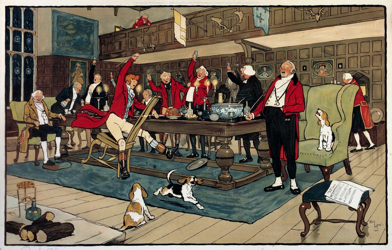 Ontbijt van de jager. Terug van de jacht vertellen de jagers hun heldendaden. Gravure door Cecil Aldin (1870 -? ), Engeland. Coll. Go. door Cecil Charles Windsor Aldin