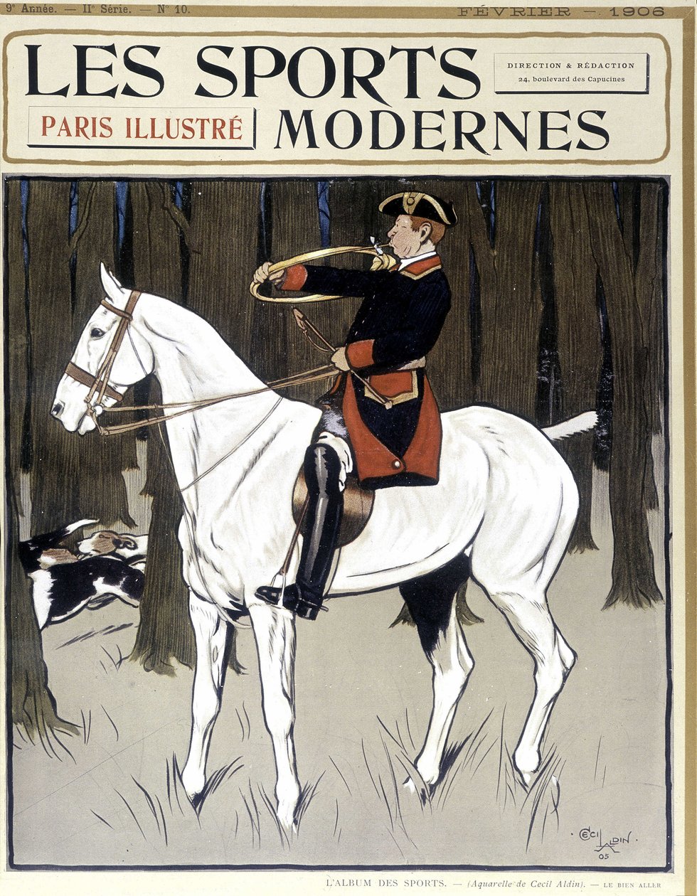 Jacht (een man te paard die honden aanmoedigt) Omslag Modern Sports 02/1906 door Cecil Charles Windsor Aldin