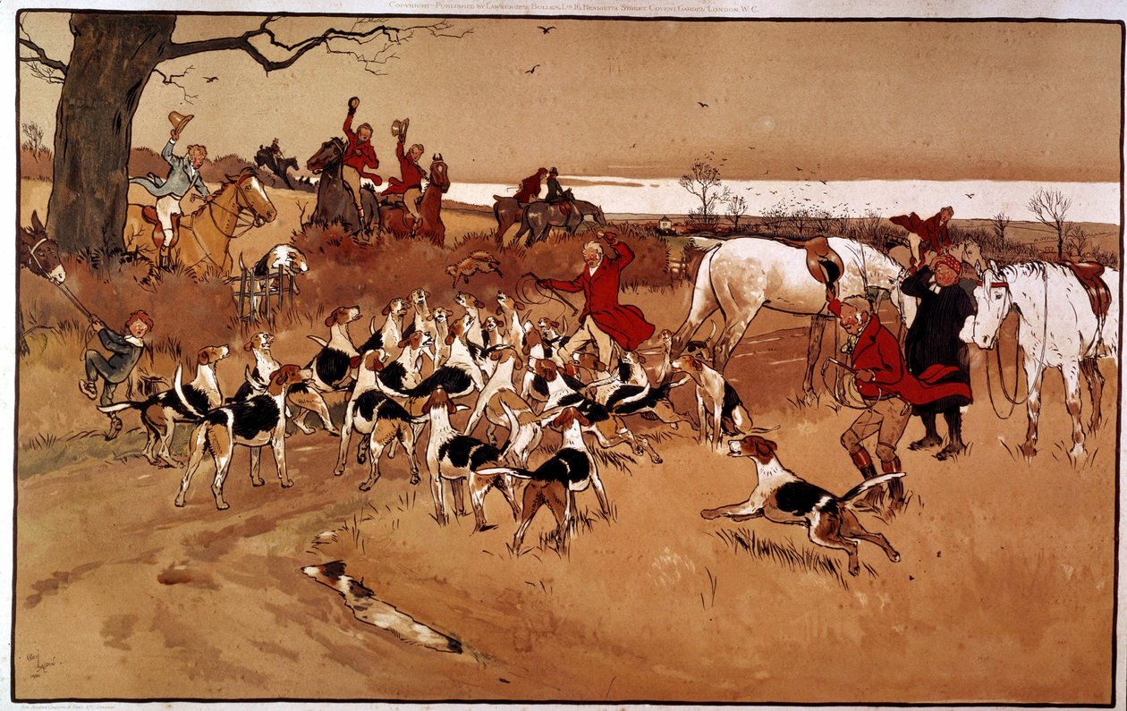 Jachtscène rennen; schieten. Gravure door Cecil Aldin (1870 -?), Engeland. Coll. Part door Cecil Charles Windsor Aldin