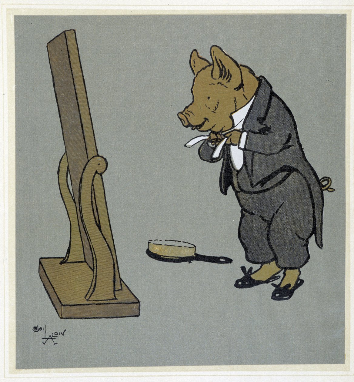 Varken dat zich verzorgt, zijn stropdas voor een spiegel aanpast - in "Merry Party", ill. door Cecil Aldin, uitgegeven door Hodder & Stoughton, Londen door Cecil Charles Windsor Aldin