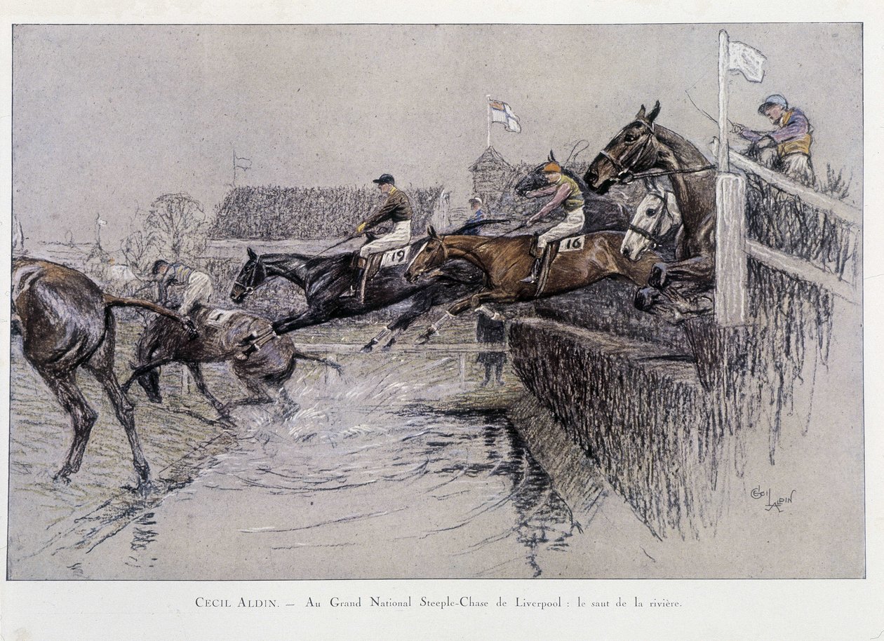 De Grand National Steeple Chase in Liverpool: De sprong over de rivier - tekening door Cecil adlin door Cecil Charles Windsor Aldin
