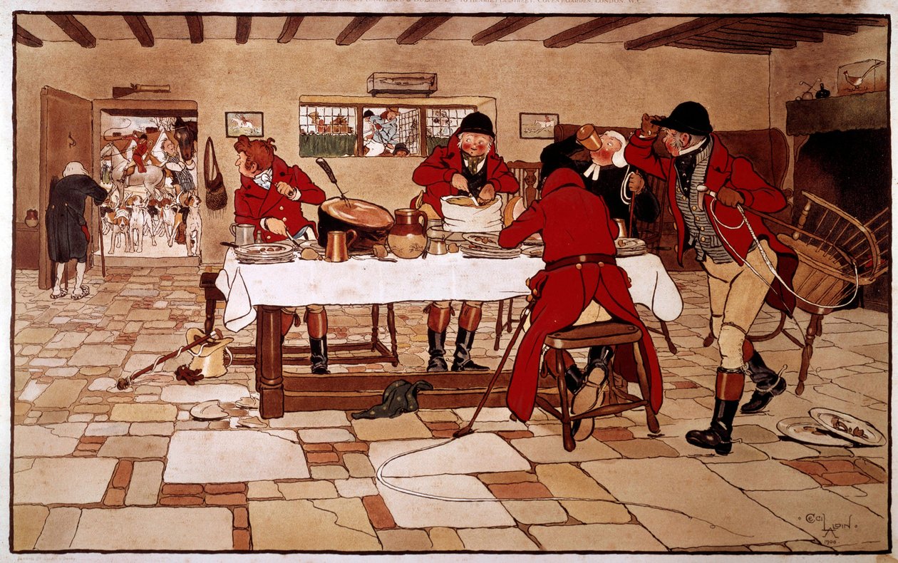 De drie duiven snack. Jagers koken en eten snel voordat ze op jacht gaan. Gravure door Cecil Aldin (1870 -? ), Engeland. Coll. Deal door Cecil Charles Windsor Aldin