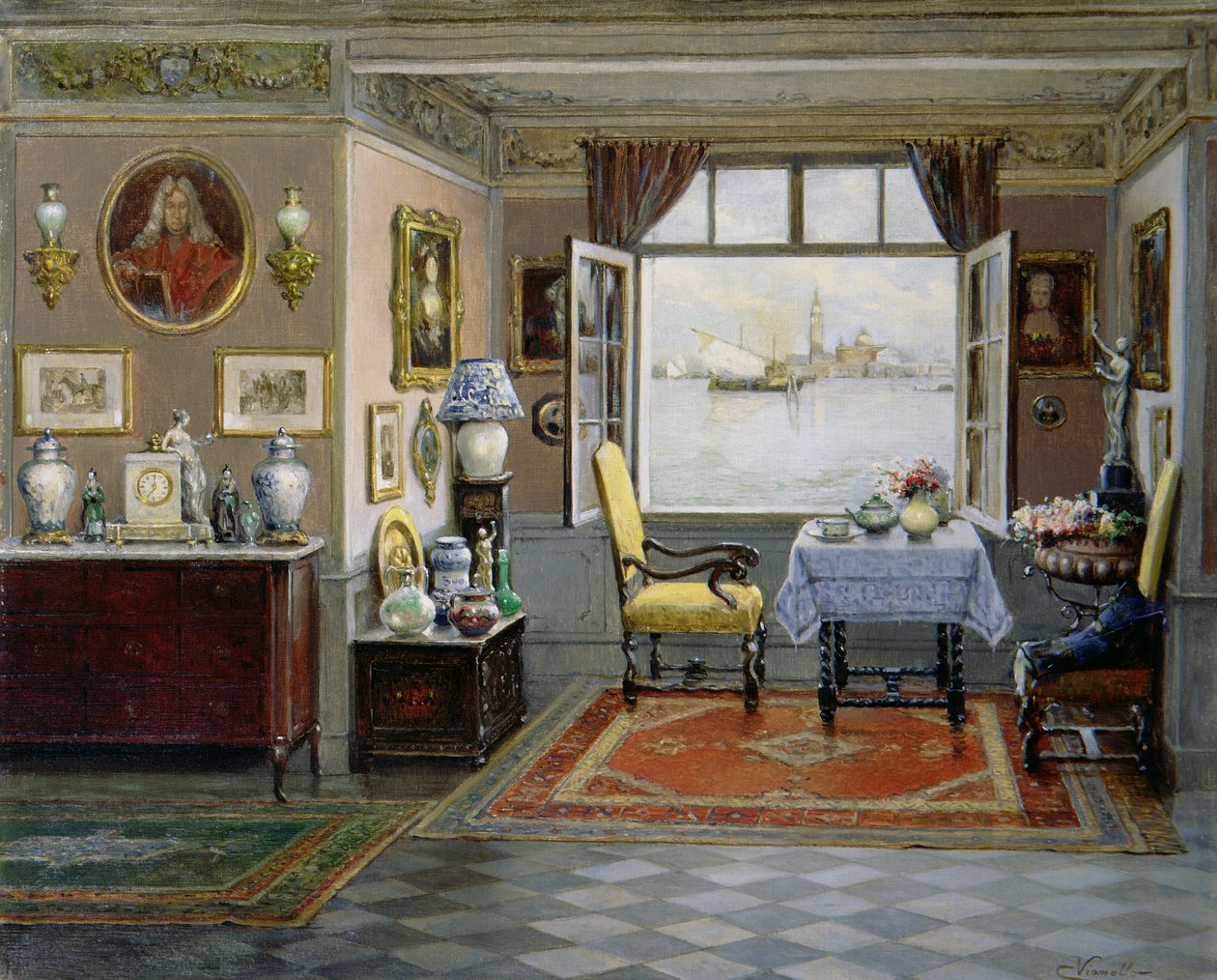 Een Venetiaans huis met uitzicht op San Giorgio Maggiore vanuit een open raam, c.1900 door Cesare Vianello