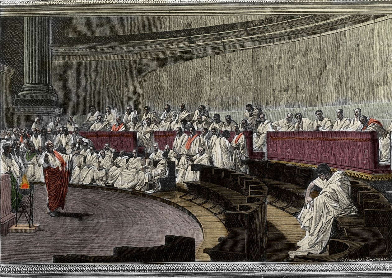 Cicero beschuldigt de samenzweerder Catilina op 8 november 63 v.Chr. De scène speelt zich af in Rome in de Senaat, gegraveerd naar de fresco gemaakt tussen 1882 en 1888 door Cesare Maccari. Rome Palazzo Madama. door Cesare (after) Maccari
