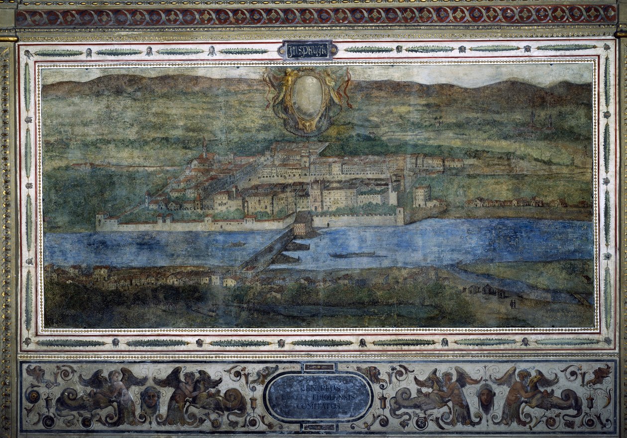 Uitzicht op de stad Innsbruck, Oostenrijk. Uitzicht op de steden van het Habsburgse Rijk. Fresco van het Michelozzo Hof in het Palazzo Vecchio in Florence. Schilderij door Sebastiano Veronese Giovanni Lombardi, Cesare Baglioni en Turino da Piamonte, circa  door Cesare Baglioni