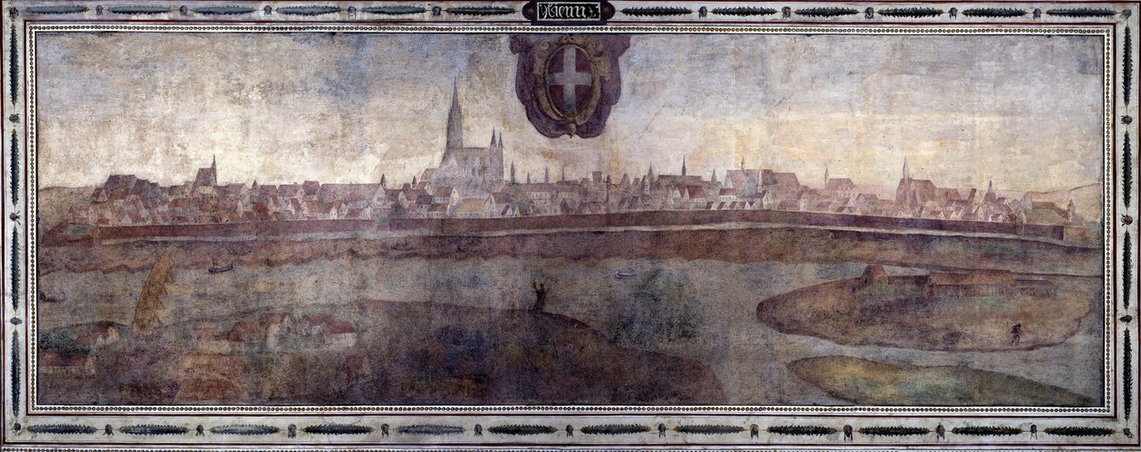 Uitzicht op de stad Wenen, Oostenrijk. Uitzicht op de steden van het Habsburgse Rijk. Fresco van het Michelozzo Hof in het Palazzo Vecchio in Florence. Schilderij door Sebastiano Veronese Giovanni Lombardi, Cesare Baglioni en Turino da Piamonte, circa 1565 door Cesare Baglioni
