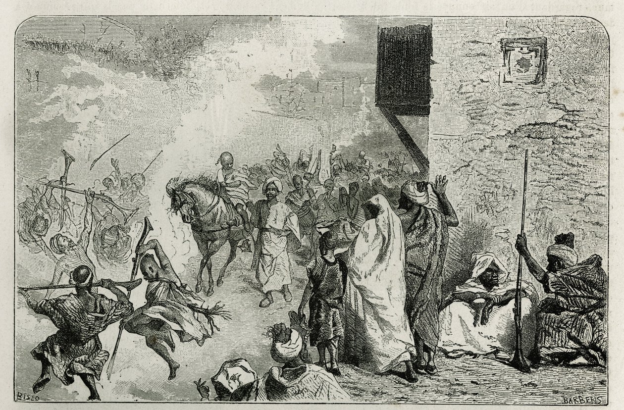 Een jonge jongen wordt in triomf gedragen na de besnijdeningsceremonie, te midden van de menigte die in de lucht schiet, terwijl hij schreeuwt en zich weer vermaakt, gravure door C. Biseo ter illustratie van het verhaal Le Maroc door Edmondo de Amicis, in door Cesare Biseo