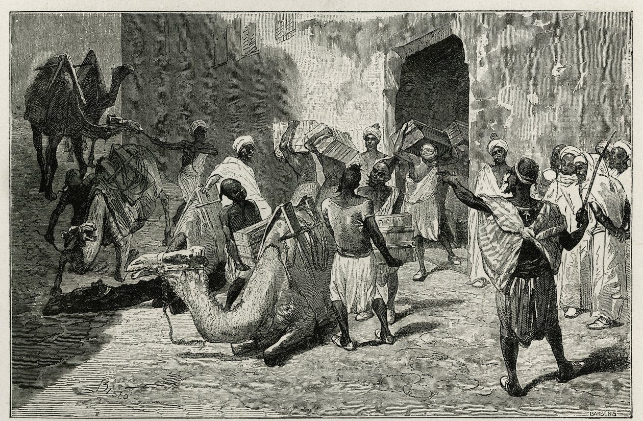 Het laden van kamelen van de karavaan van de auteur van het verhaal, Atanger, gravure door Biseo, ter illustratie van het verhaal Le Maroc door Edmondo de Amicis, in 1875, gepubliceerd in Le tour du monde, onder leiding van Edouard Charton door Cesare Biseo