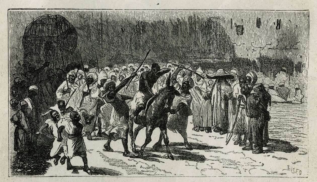 De bestraffing van een dief, klimt op een muilezel, hij ontvangt stokken onder het gejoel van de menigte, gravure door C.Biseo, ter illustratie van het verhaal Le Maroc door Edmondo de Amicis, in 1875, gepubliceerd in Le tour du monde, onder leiding van Ed door Cesare Biseo