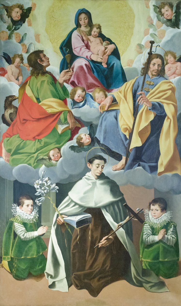 Maagd met kind en st. Jacobus, Johannes de Meerdere, Alberto degli Abati en twee kinderen van het huis Panici, c.1595-1598 door Cesare & Conti Vincenzo Conti