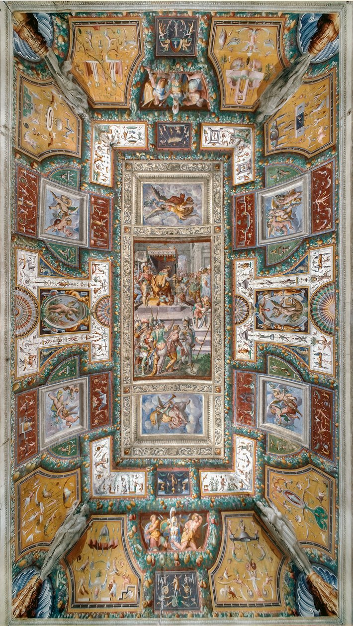 Pier Maria Rossi met de eer van de Orde van Sint-Michiel, Zicht op het plafond van de Sala delle Gesta Rossiane, Rocca dei Rossi, San Secondo, Parma, Italië, ca.1570 door Cesare and Jacopo Bertoia and others Baglione